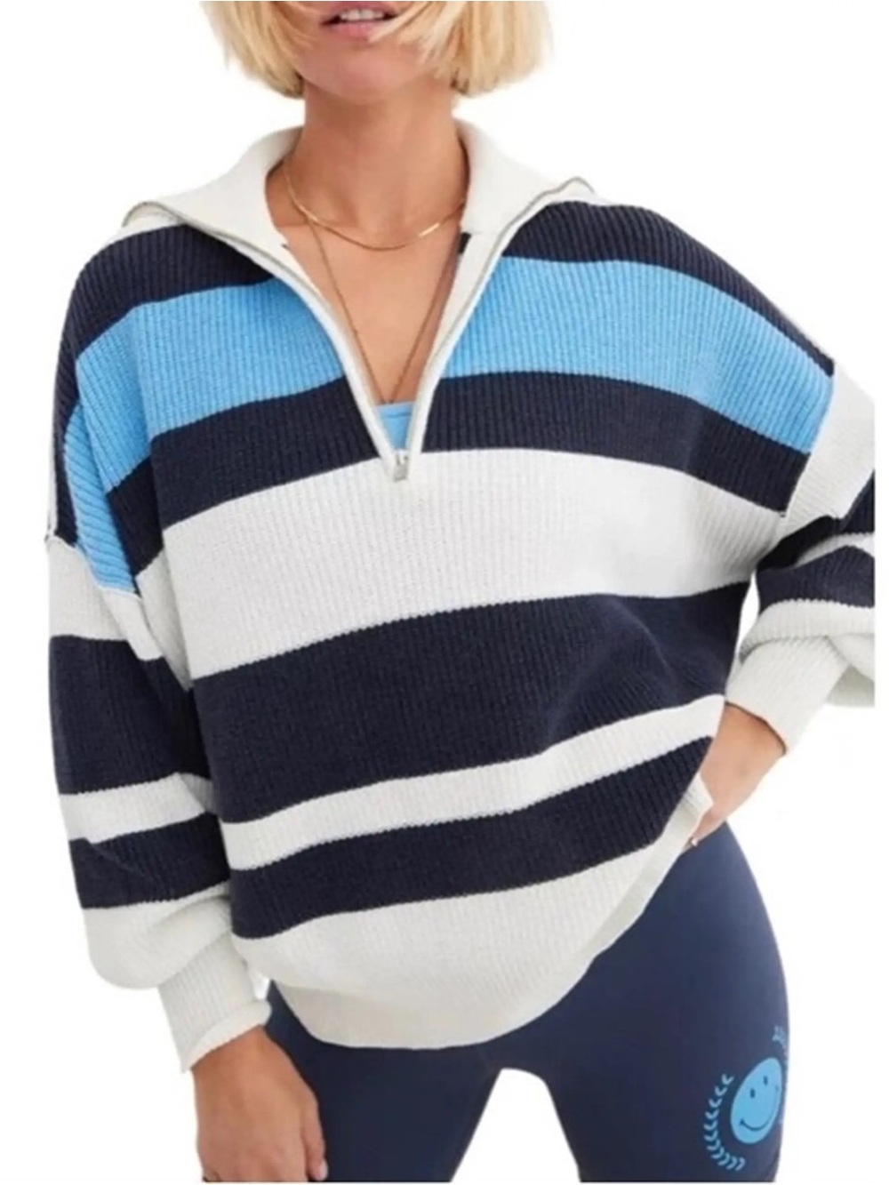 Aerie Beyond Striped Quarter-Zip Pullover Sweater Blue White Oversized XXL NEW